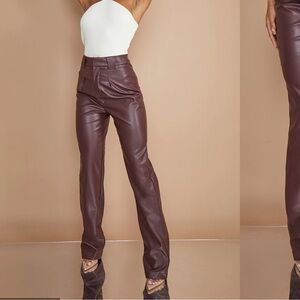 NWT Pretty Little Thing Dark Chocolate Faux Leather Straight Leg Trousers